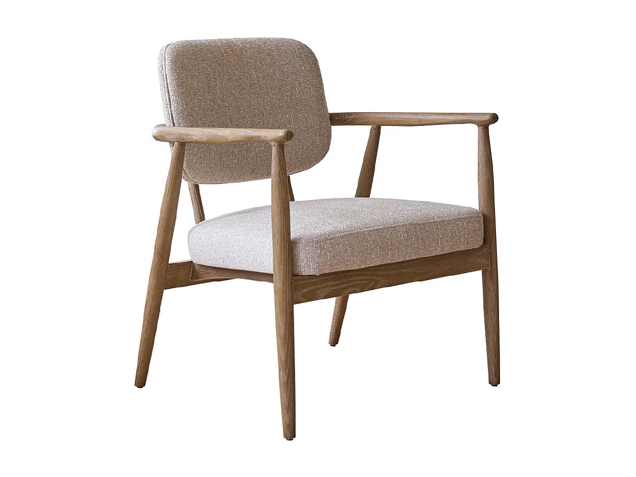 Poltrona in legno di quercia con tessuto beige screziato