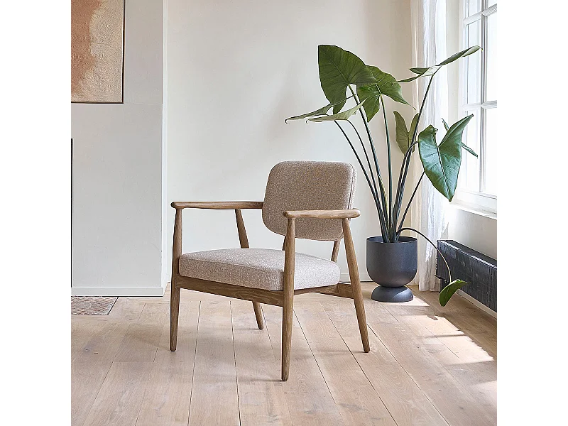 Fauteuil en bois de chêne et tissu texturé beige chiné