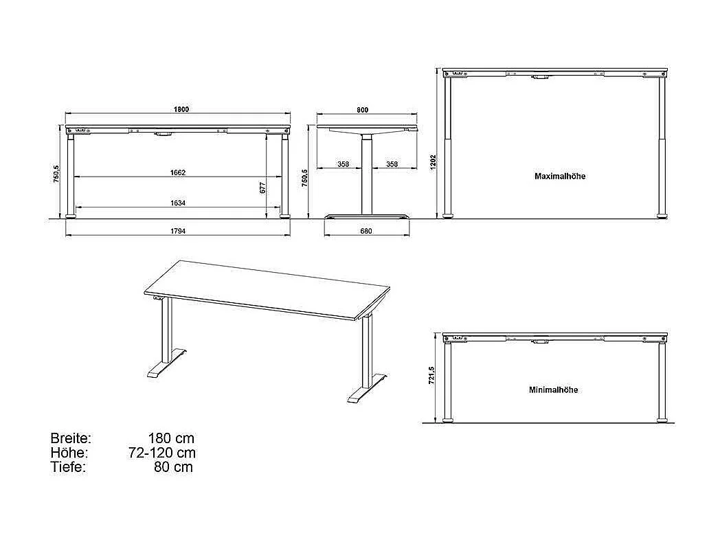 Höhenverstellbarer Schreibtisch Büroschreibtisch Made in Germany - 80 cm tief