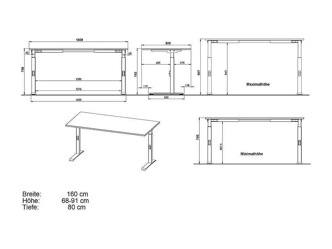 Schreibtisch höhenverstellbarer Tisch mit Rollcontainer zweiteilig (zweiteilig)