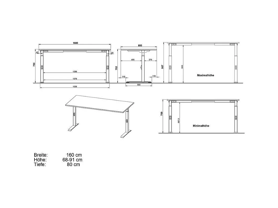 Bürotisch höhenverstellbarer Schreibtisch in modernem Design - Weiß