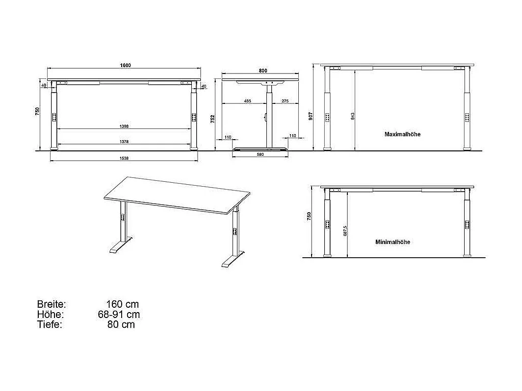 Bürotisch höhenverstellbarer Schreibtisch in modernem Design - Weiß