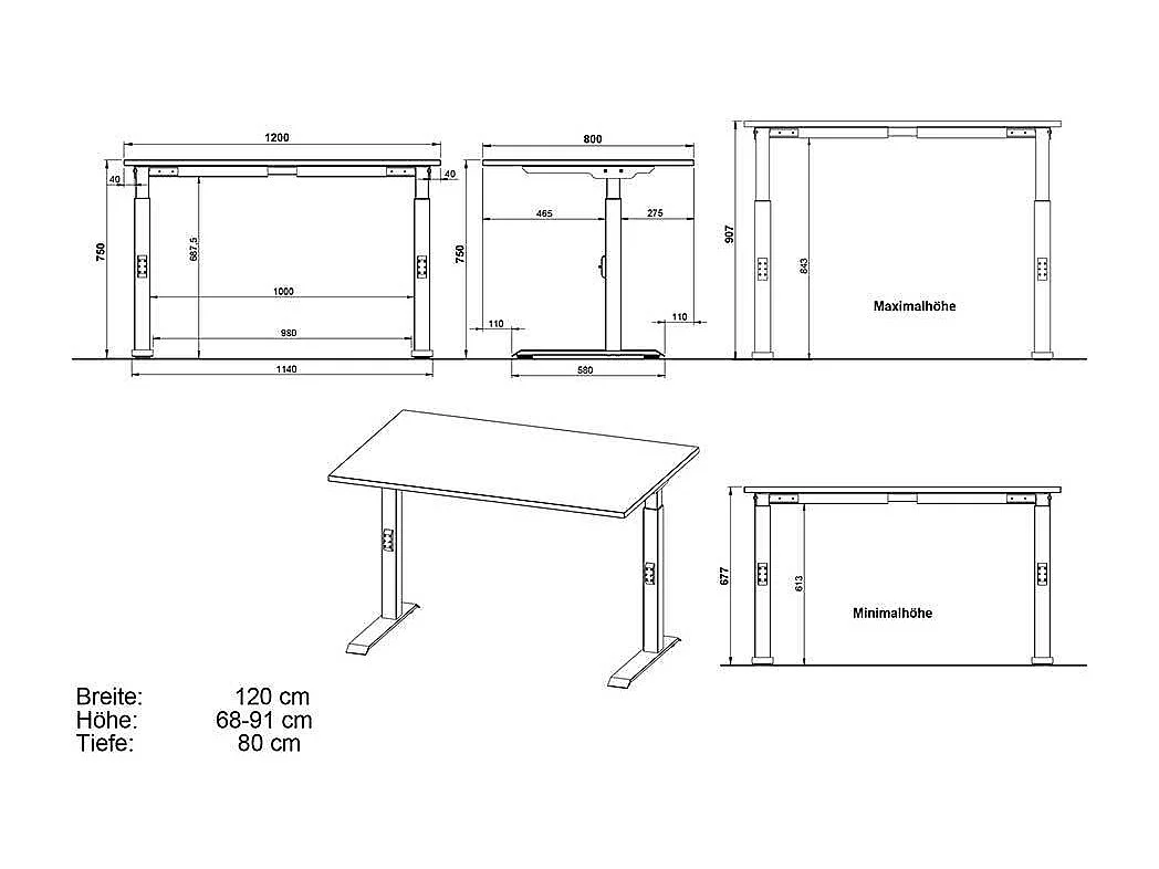 Schreibtisch höhenverstellbarer Schreibtisch in Weiß mit rechteckiger Tischplatte