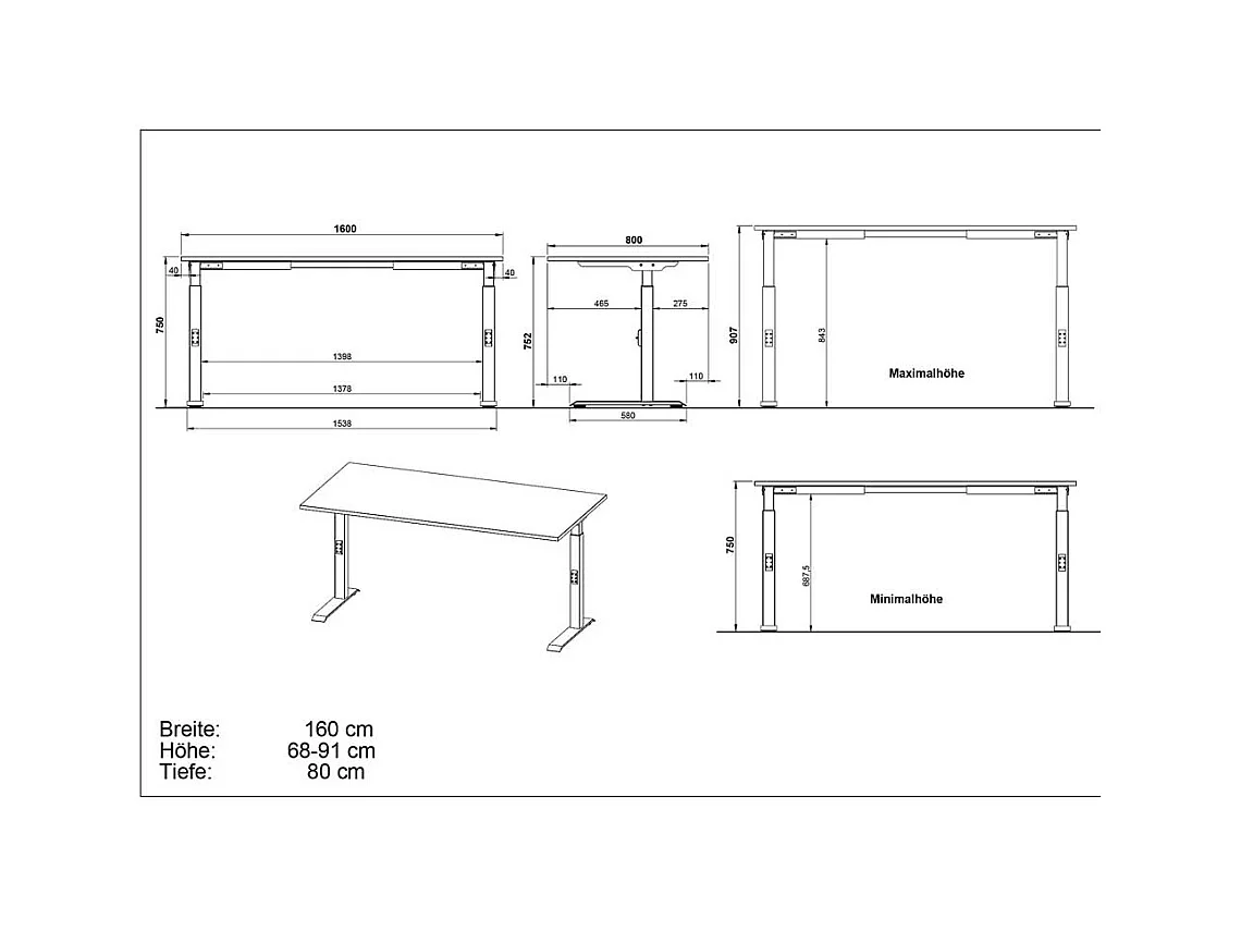 Edv Tisch Höhenverstellbarer Schreibtisch 80 cm tief mit T Gestell (zweiteilig)