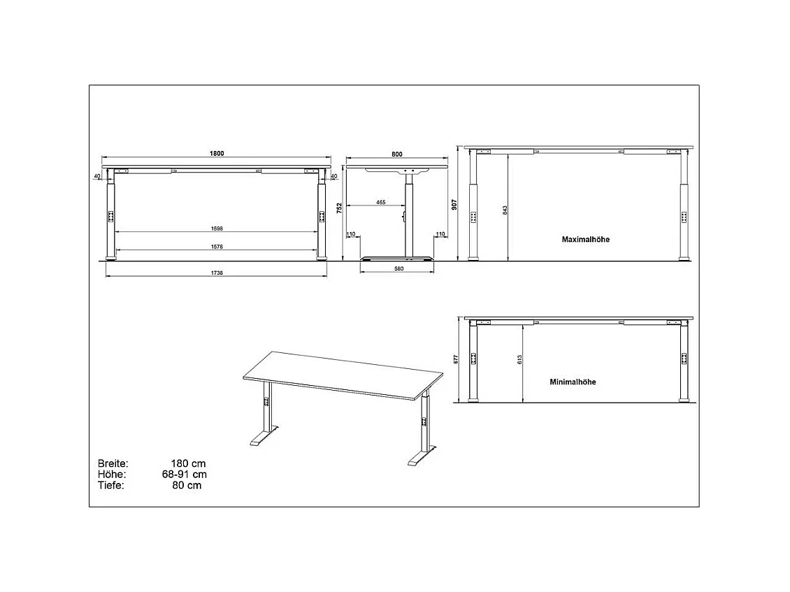 Edv Tisch Höhenverstellbarer Schreibtisch 80 cm tief mit T Gestell (zweiteilig)