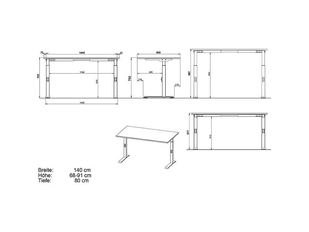 Schreibtisch Höhenverstellbarer Schreibtisch in Silberfarben und Wildeichefarben