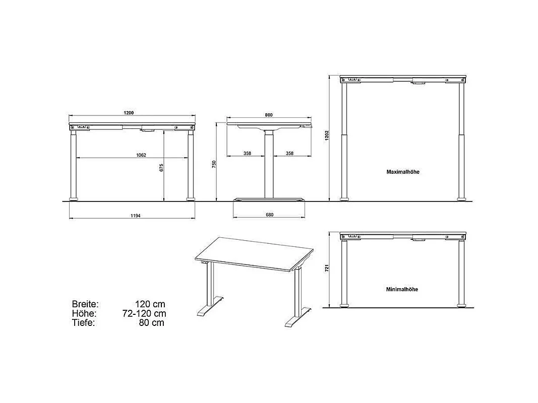 Höhenverstellbarer Schreibtisch Büroschreibtisch Made in Germany - 80 cm tief