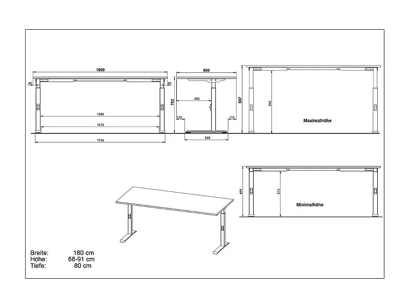 Schreibtisch Bürotisch höhenverstellbar - 80 cm tief