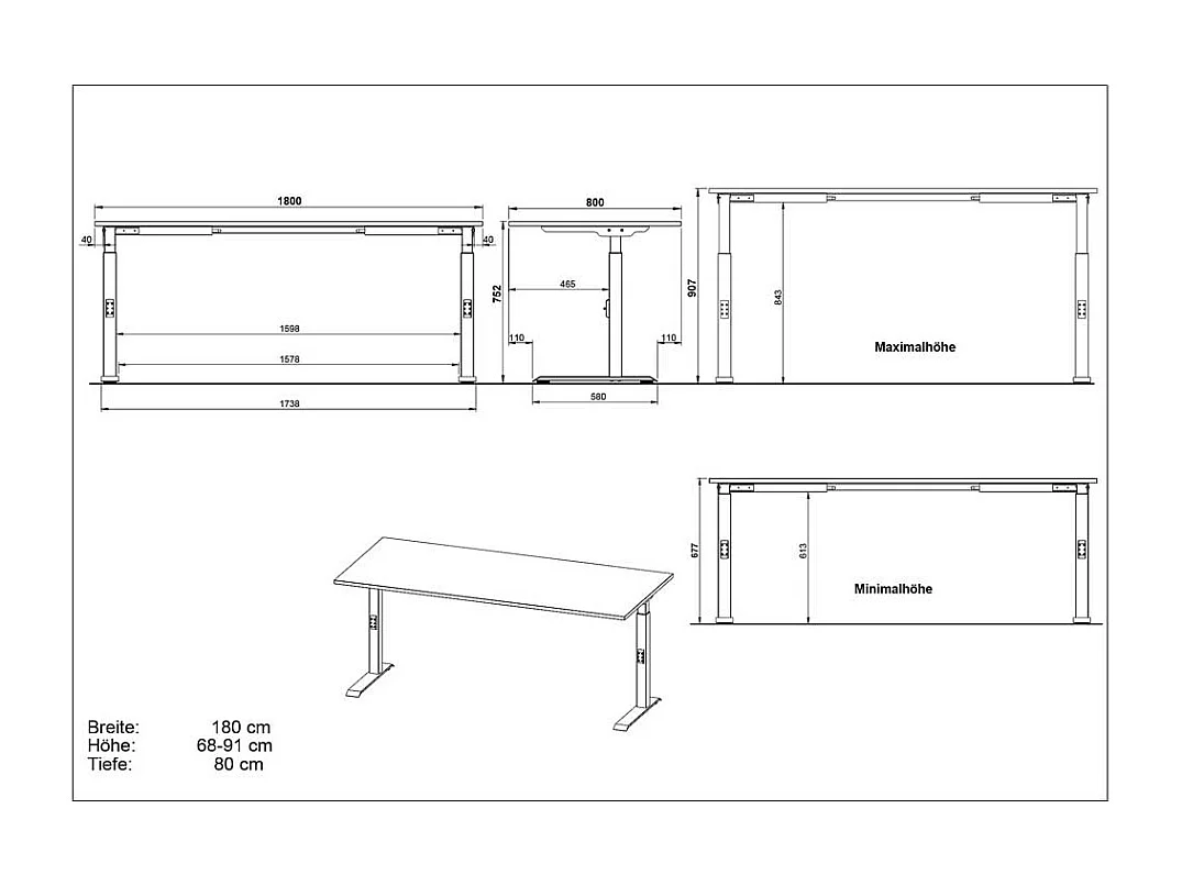Schreibtisch Bürotisch höhenverstellbar - 80 cm tief