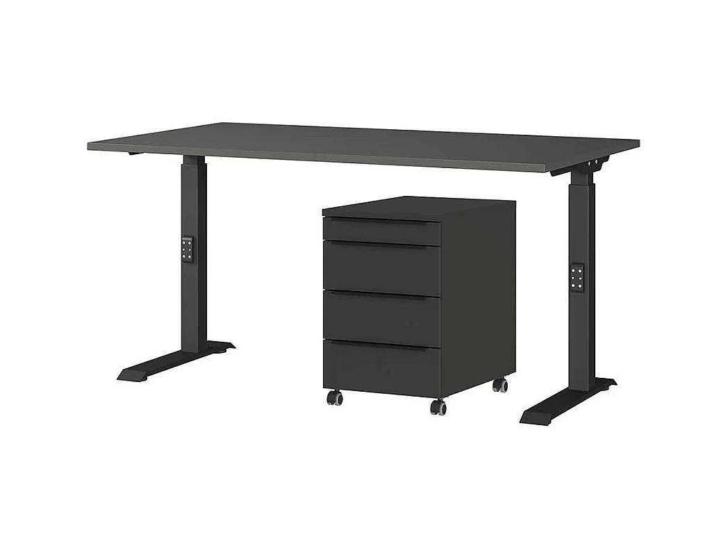 Schreibtisch Höhenverstellbarer Tisch mit Rollcontainer in Dunkelgrau (zweiteilig)