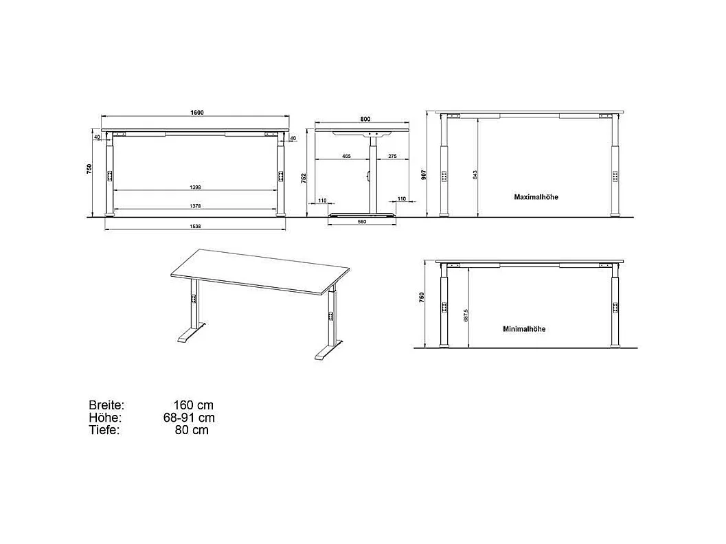 Schreibtisch Höhenverstellbarer Schreibtisch in Silberfarben und Wildeichefarben