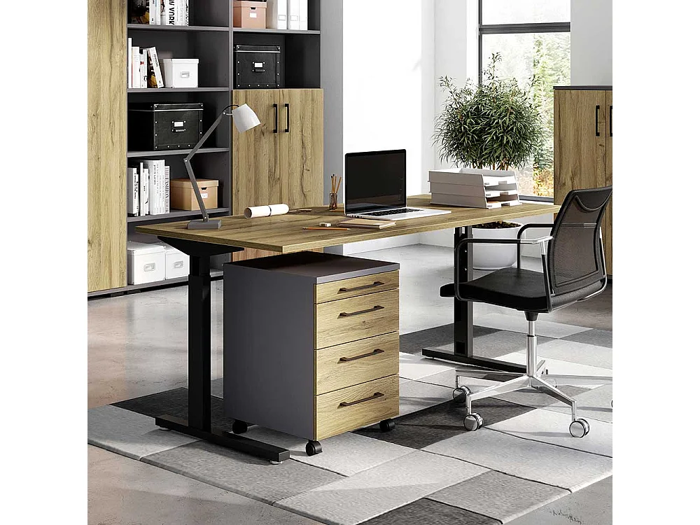 Bürotisch höhenverstellbar Schwarz und Wildeiche Optik