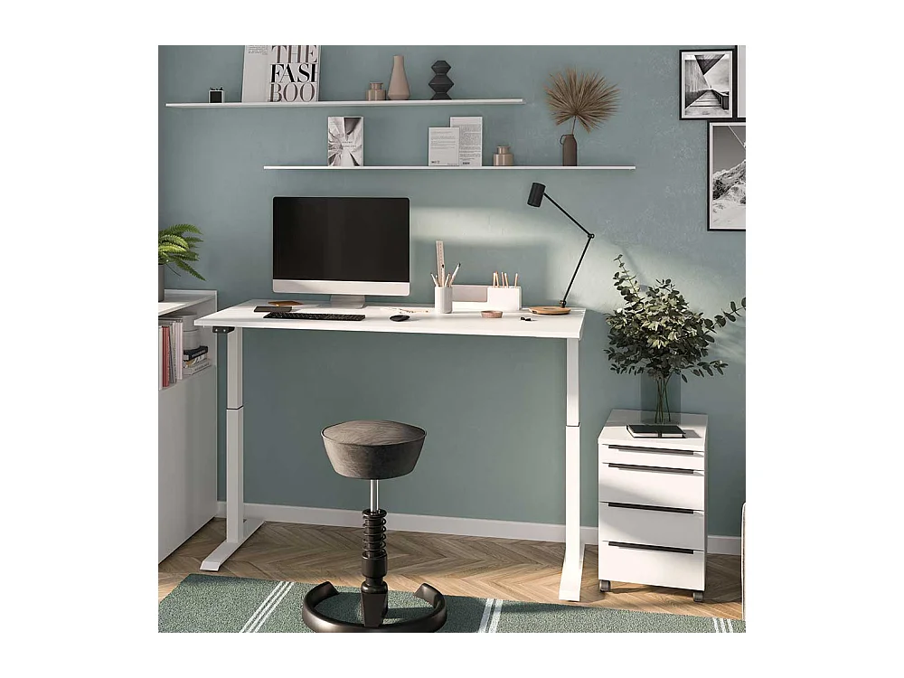 Schreibtisch höhenverstellbarer Schreibtisch mit Rollcontainer in Weiß (zweiteilig)