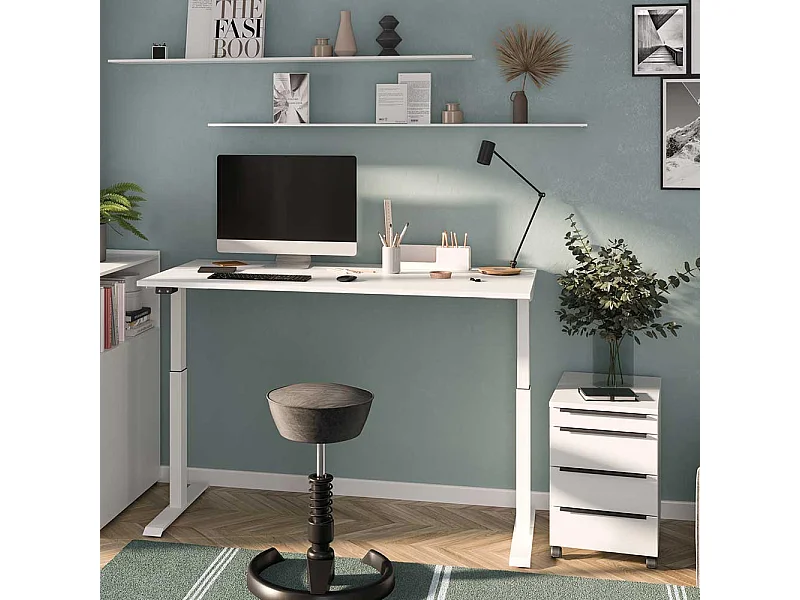 Schreibtisch höhenverstellbarer Schreibtisch mit Rollcontainer in Weiß (zweiteilig)