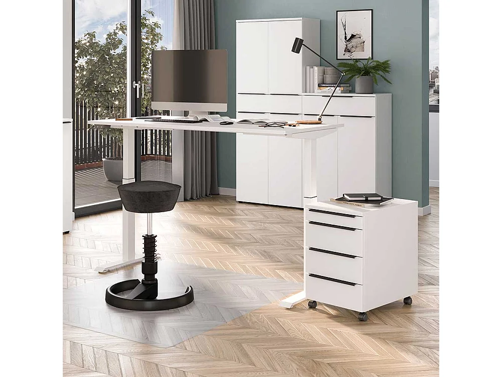 Schreibtisch höhenverstellbarer Schreibtisch mit Rollcontainer in Weiß (zweiteilig)