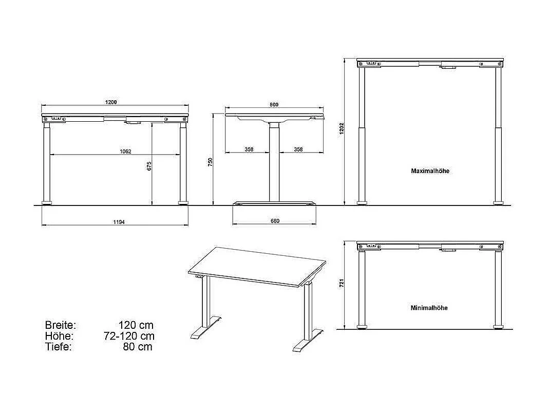 Höhenverstellbarer Schreibtisch Büroschreibtisch Made in Germany - 80 cm tief