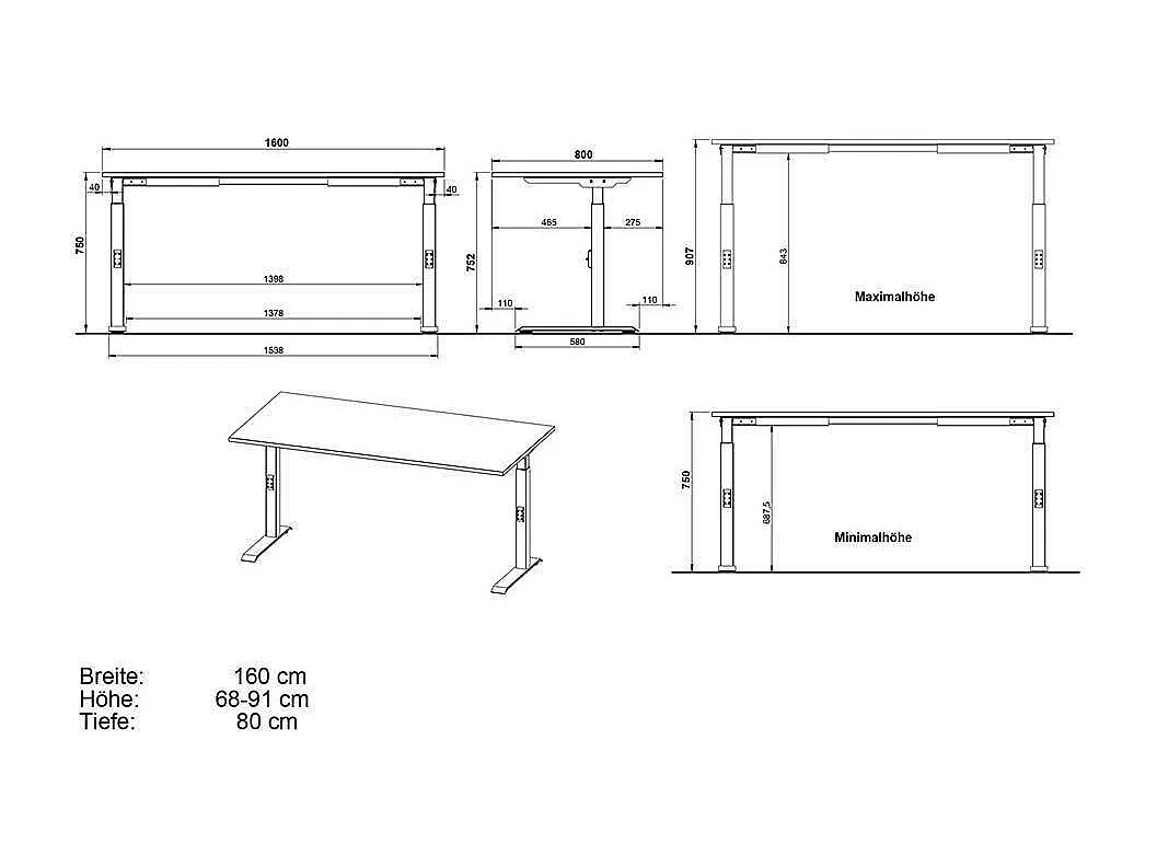 Höhenverstellbarer Schreibtisch Büroschreibtisch Made in Germany - 80 cm tief