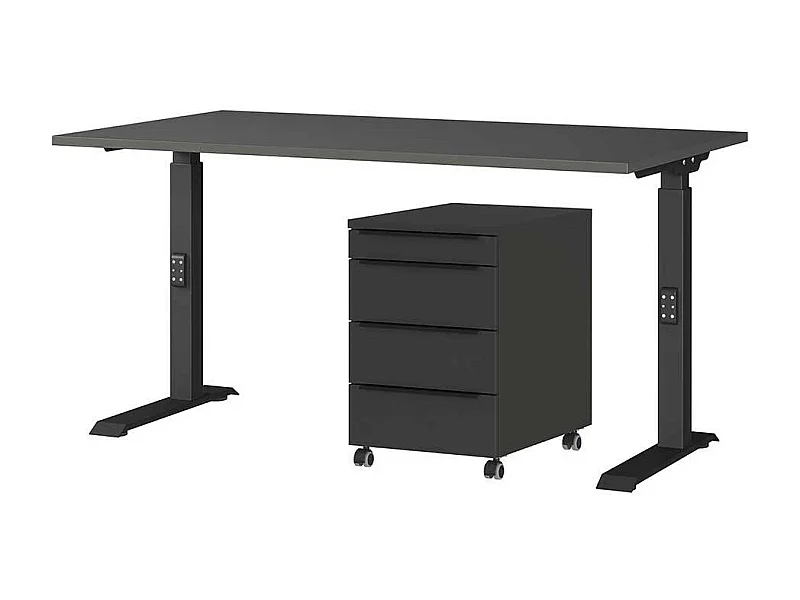 Schreibtisch Höhenverstellbarer Tisch mit Rollcontainer in Dunkelgrau (zweiteilig)