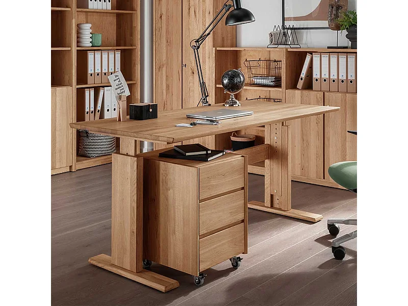Büroschreibtisch Wildeiche per Raster höhenverstellbar optionaler Rollcontainer