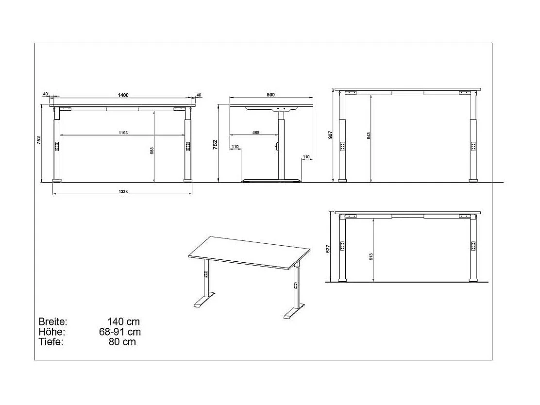 Schreibtisch Bürotisch höhenverstellbar - 80 cm tief