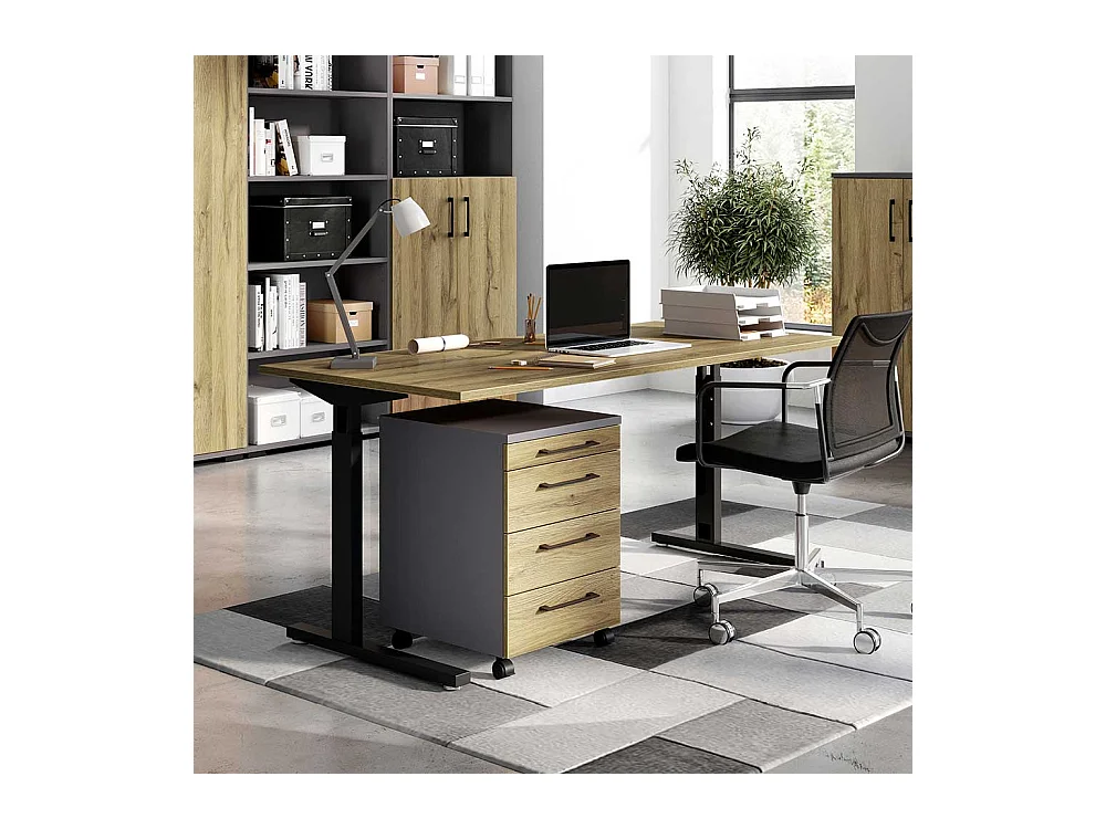 Bürotisch höhenverstellbar Schwarz und Wildeiche Optik