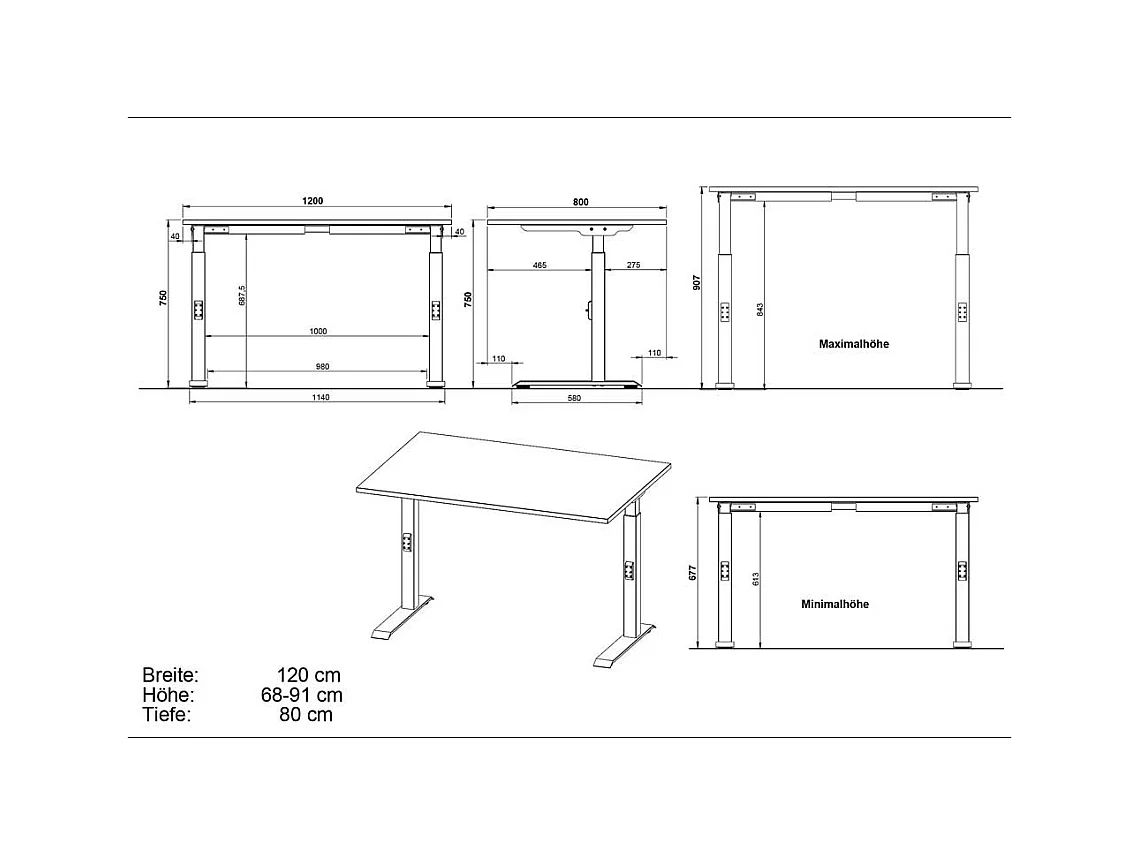Schreibtisch Bürotisch höhenverstellbar - 80 cm tief