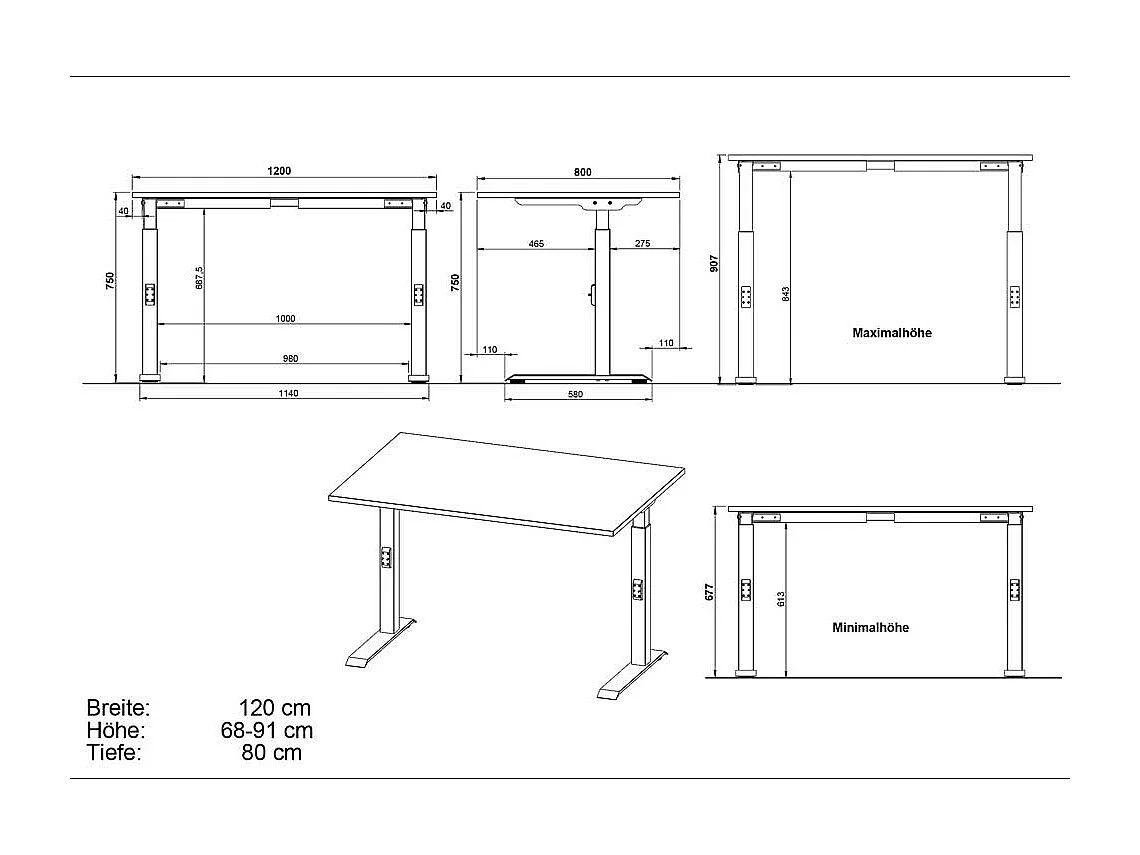 Schreibtisch Bürotisch höhenverstellbar - 80 cm tief