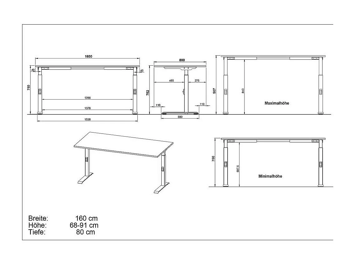 Schreibtisch Bürotisch höhenverstellbar - 80 cm tief