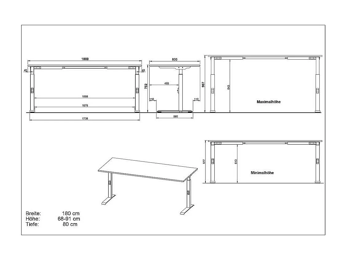 Schreibtisch Bürotisch höhenverstellbar - 80 cm tief