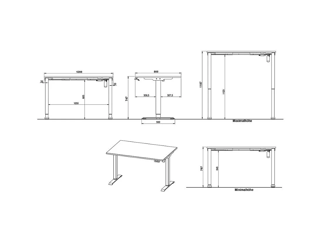 Schreibtisch Büroschreibtisch mit Rollcontainer höhenverstellbar (zweiteilig)