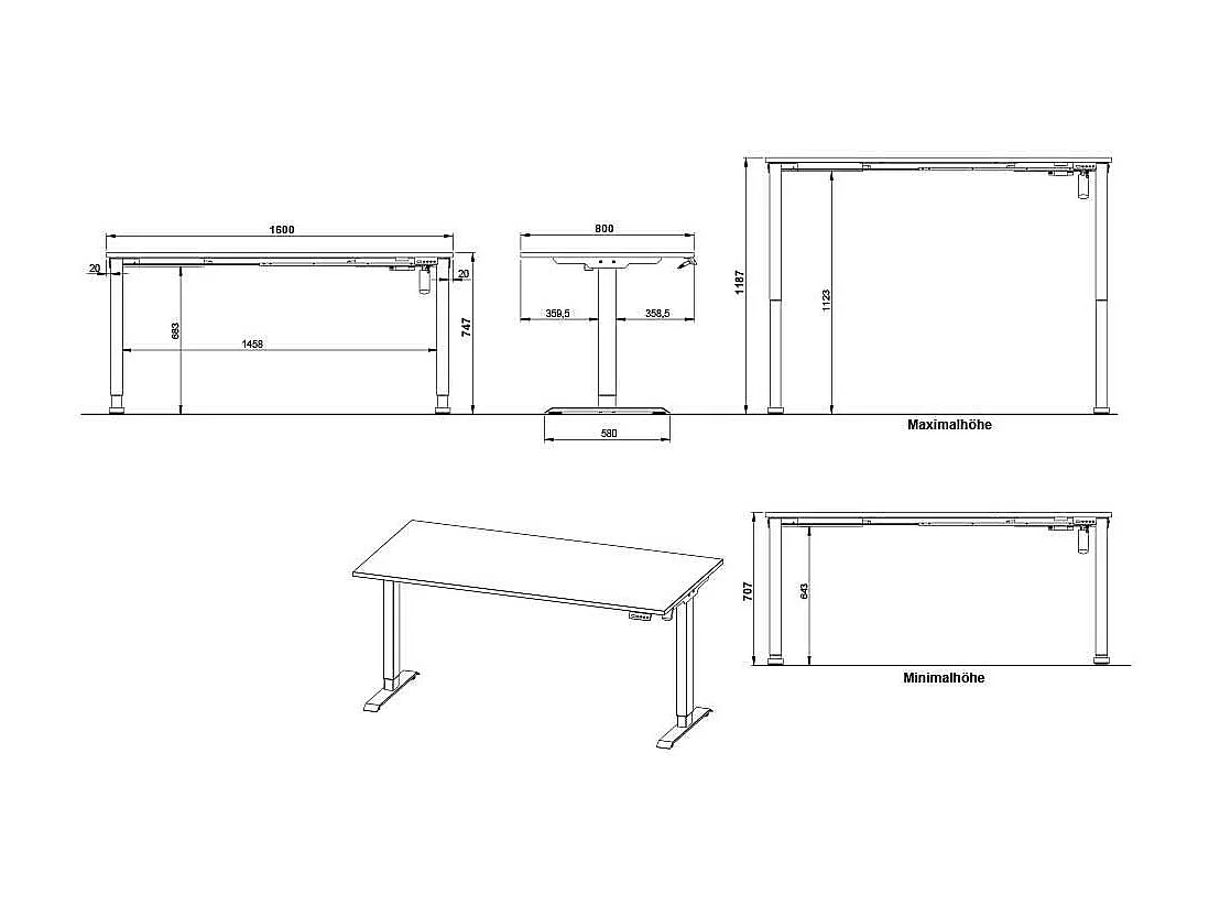 Schreibtisch Büroschreibtisch mit Rollcontainer höhenverstellbar (zweiteilig)