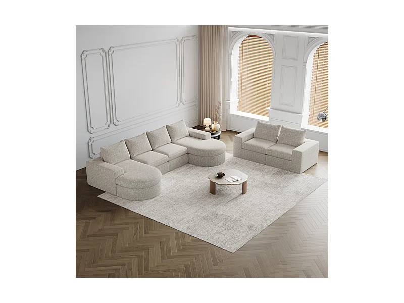Canapé 6 places d'angle réversible modulable, avec 6 oreillers et oreillers cervicaux, en tissu chenille, DIY salon, Beige