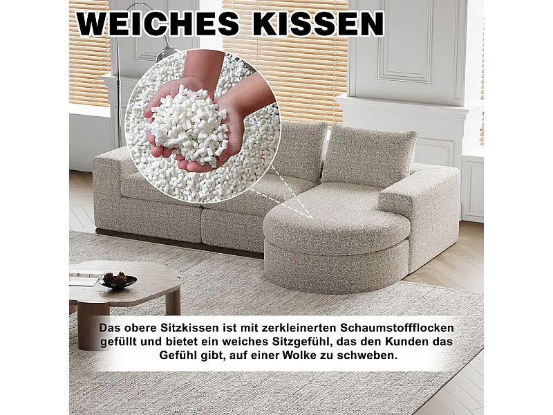 Sofá Esquinero Modular Reversible 6 Plazas, con 6 Cojines y Almohadas Cervicales, Tejido Chenilla, Salón DIY, Beige