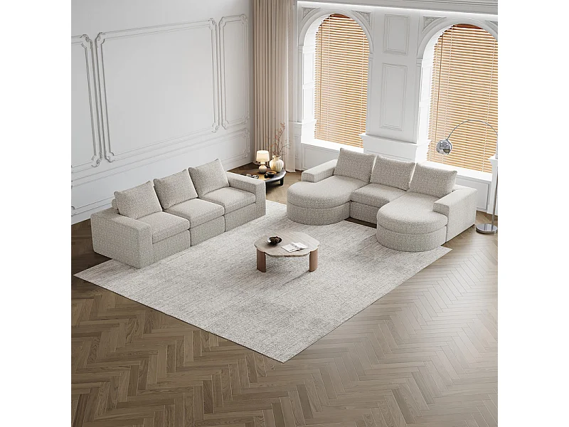 Sofá Esquinero Modular Reversible 6 Plazas, con 6 Cojines y Almohadas Cervicales, Tejido Chenilla, Salón DIY, Beige