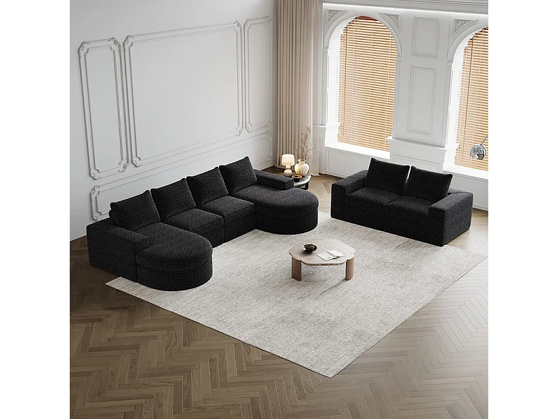 Canapé 6 places d'angle réversible modulable, avec 6 oreillers et oreillers cervicaux, en tissu chenille, DIY salon, Noir