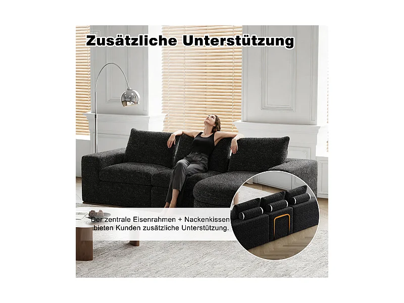 Canapé 6 places d'angle réversible modulable, avec 6 oreillers et oreillers cervicaux, en tissu chenille, DIY salon, Noir