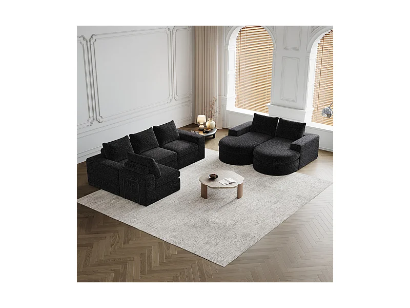 Canapé 6 places d'angle réversible modulable, avec 6 oreillers et oreillers cervicaux, en tissu chenille, DIY salon, Noir