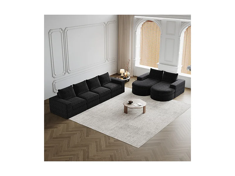 Canapé 6 places d'angle réversible modulable, avec 6 oreillers et oreillers cervicaux, en tissu chenille, DIY salon, Noir