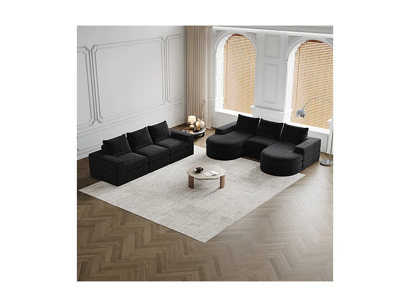 Canapé 6 places d'angle réversible modulable, avec 6 oreillers et oreillers cervicaux, en tissu chenille, DIY salon, Noir