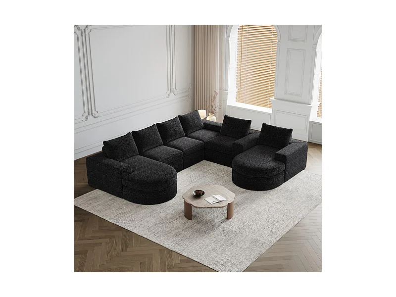 Canapé 6 places d'angle réversible modulable, avec 6 oreillers et oreillers cervicaux, en tissu chenille, DIY salon, Noir