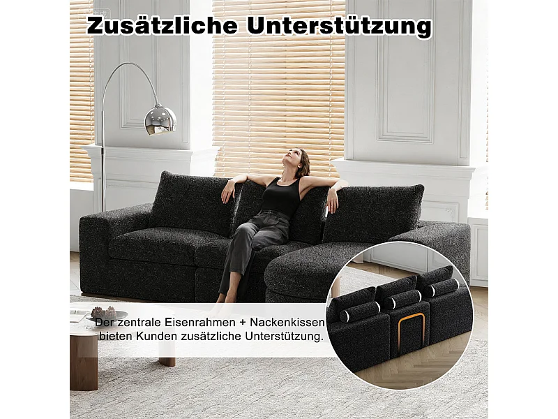 Canapé 6 places d'angle réversible modulable, avec 6 oreillers et oreillers cervicaux, en tissu chenille, DIY salon, Noir