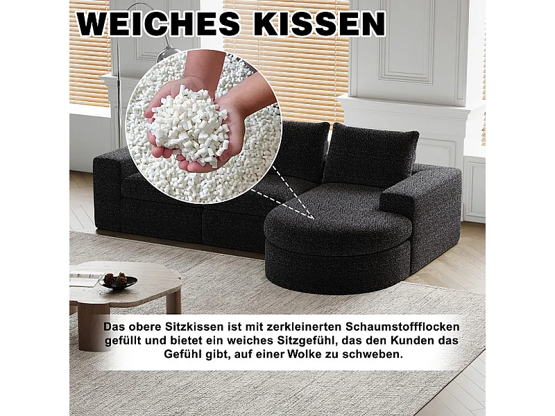 Canapé 6 places d'angle réversible modulable, avec 6 oreillers et oreillers cervicaux, en tissu chenille, DIY salon, Noir