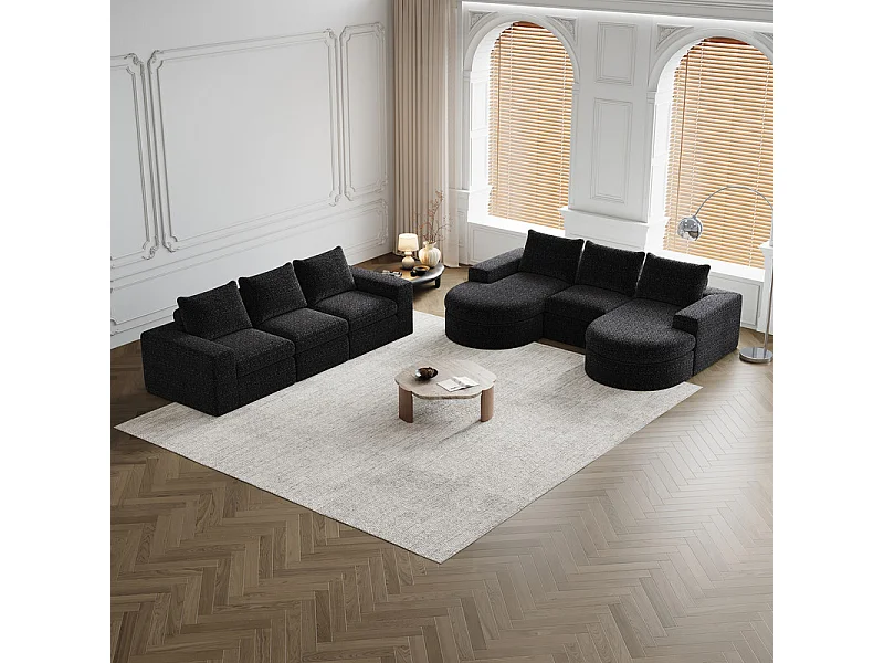 Canapé 6 places d'angle réversible modulable, avec 6 oreillers et oreillers cervicaux, en tissu chenille, DIY salon, Noir