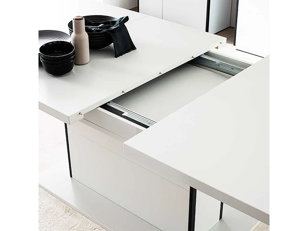 Esstisch mit Synchronauszug in Weiß zwei Einlegeplatten