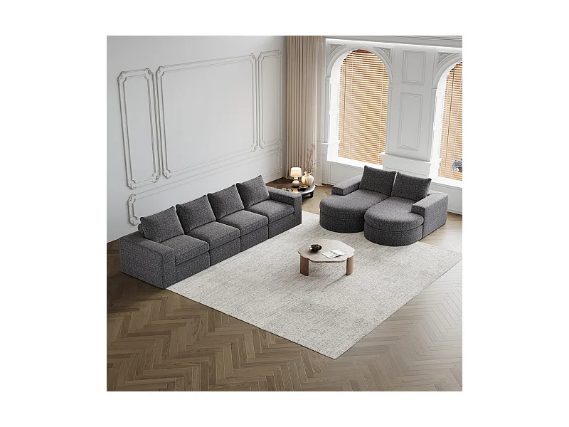 Canapé 6 places d'angle réversible modulable, avec 6 oreillers et oreillers cervicaux, en tissu chenille, DIY salon, Gris