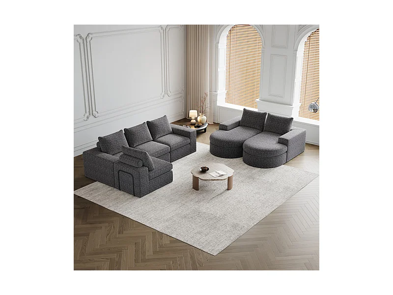 Canapé 6 places d'angle réversible modulable, avec 6 oreillers et oreillers cervicaux, en tissu chenille, DIY salon, Gris