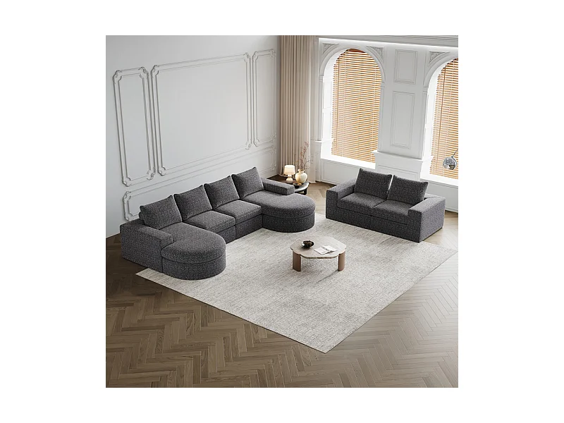 Modulaire Omkeerbare 6-zits Hoekbank, met 6 Kussens en Nekkussens, Chenille Stof, DIY Woonkamer, Grijs