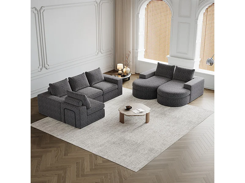 Canapé 6 places d'angle réversible modulable, avec 6 oreillers et oreillers cervicaux, en tissu chenille, DIY salon, Gris