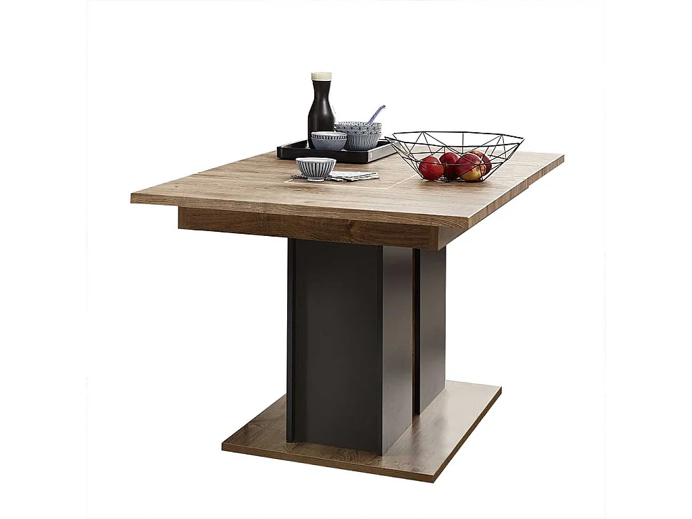 Säulentisch mit Mittelauszug Eiche dunkel Optik und Dunkelgrau