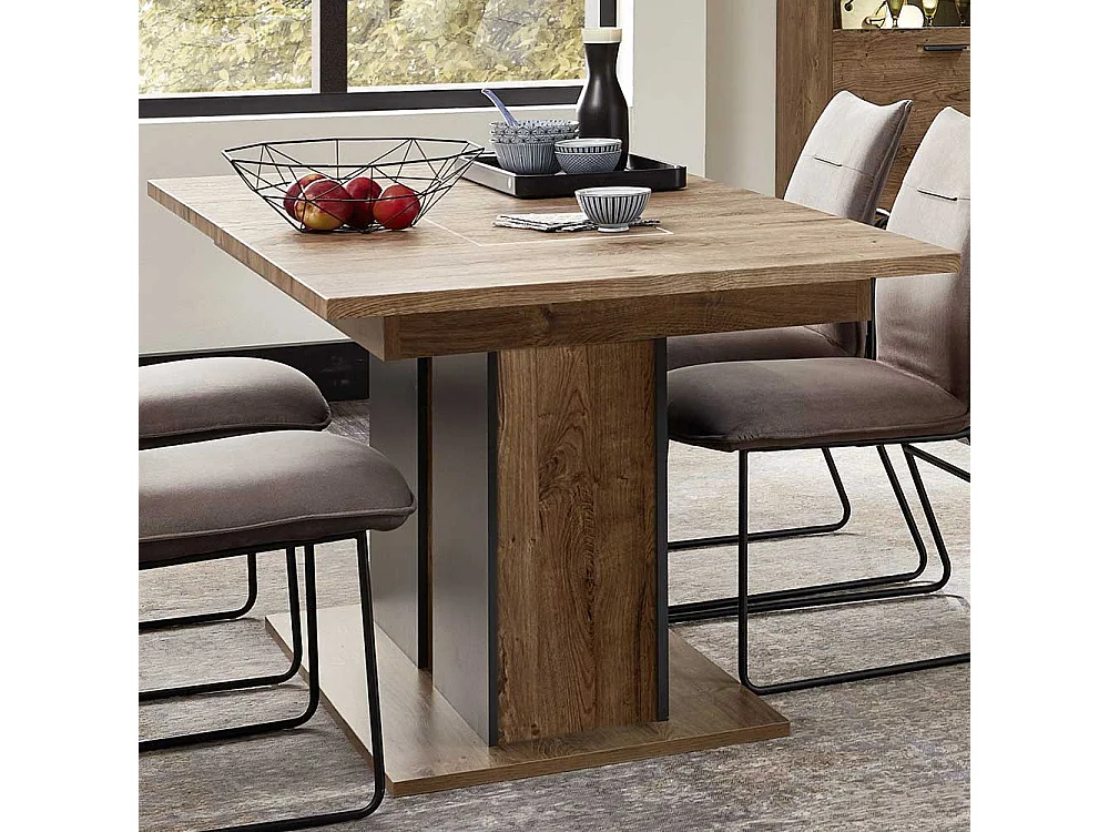 Säulentisch mit Mittelauszug Eiche dunkel Optik und Dunkelgrau